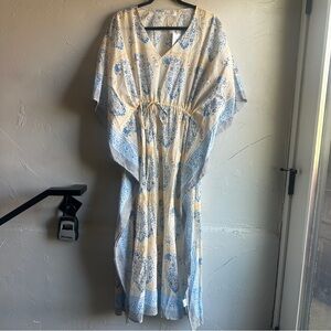 SummerHouse Print Cotton Kaftan Cover Up Blue Paisley Beach Resort Coastal OS